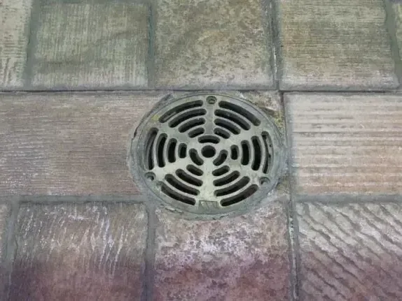 A basement floor drain grate, where a sewer backup usually shows first