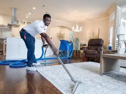A technician working an extraction wand across a wet rug in a living room, pulling water out before drying starts