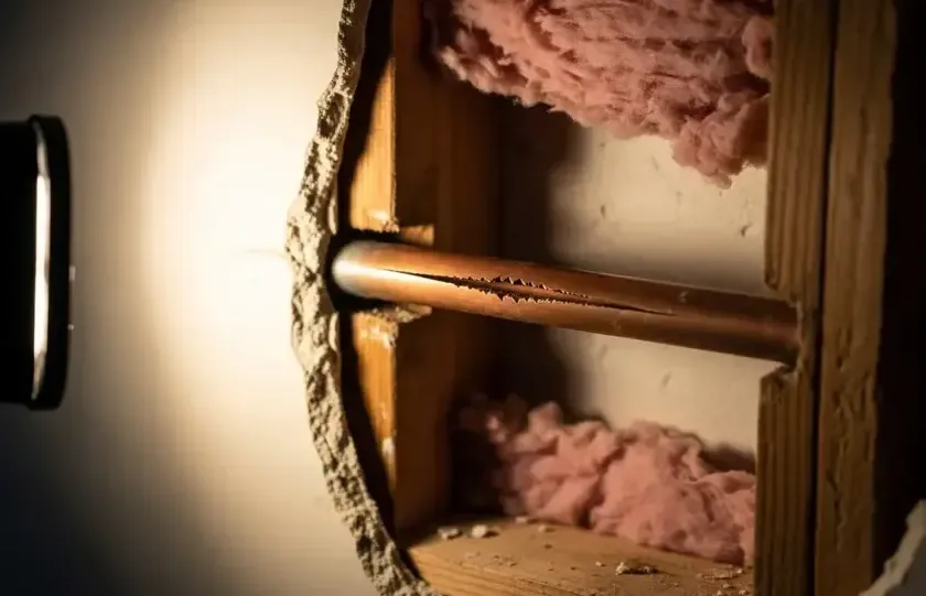 A split copper supply pipe exposed inside an opened wall cavity