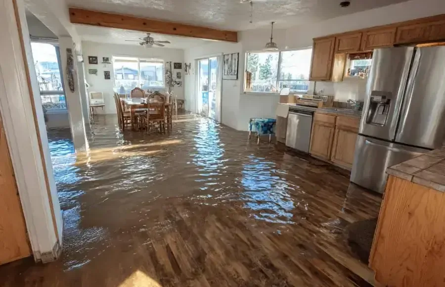 Storm water flooding into a home after a winter storm