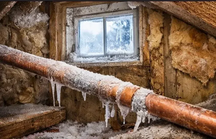 Icicles hanging from a copper supply pipe next to a frosted basement window