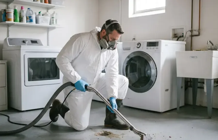 Technician in a protective suit and respirator extracting sewage at a floor drain