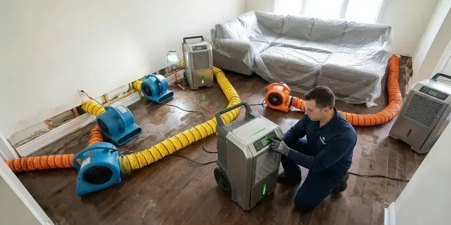 Technician placing a dehumidifier, ducting and air movers to dry a living room