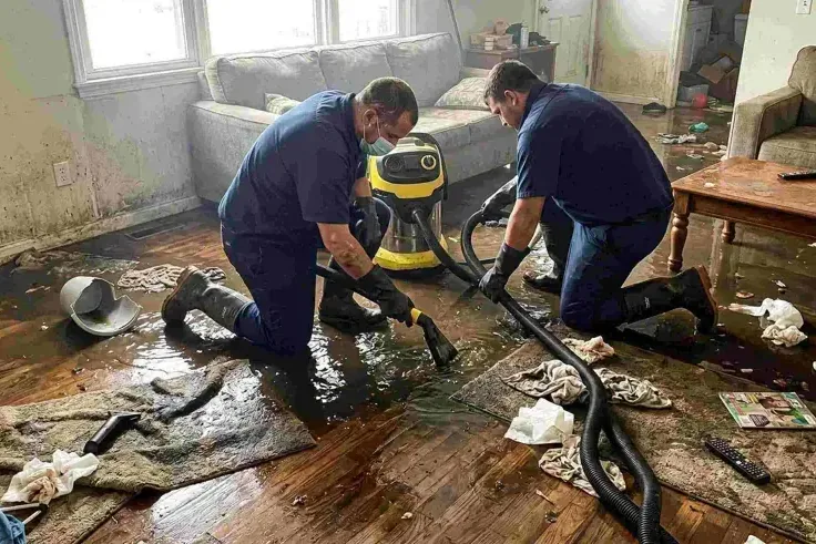 Two technicians pulling water off a flooded living room floor with extraction wands