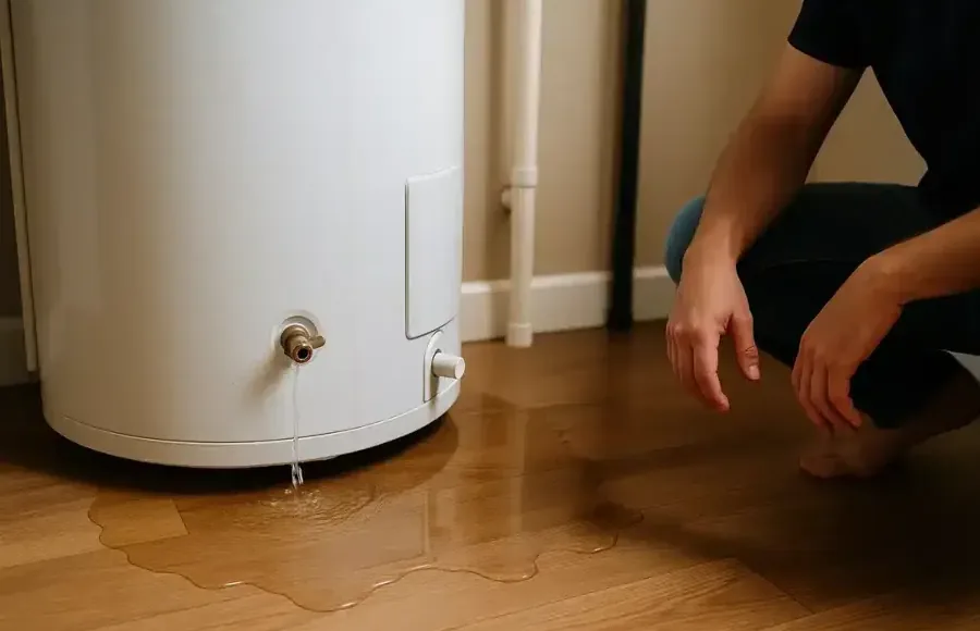 Water pooling on the floor from the base of a leaking water heater